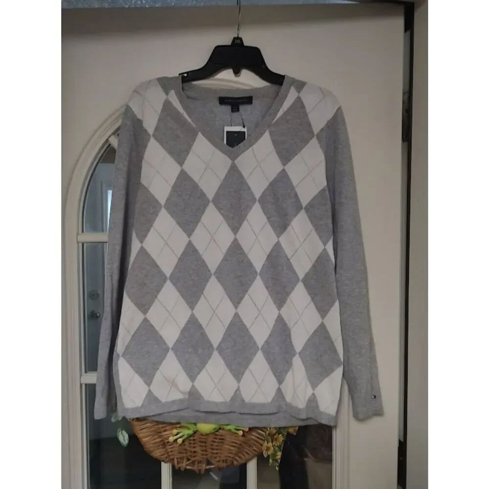 New Tommy Hilfiger Gray White Gold Argyle Lightweight Sweater Women's L